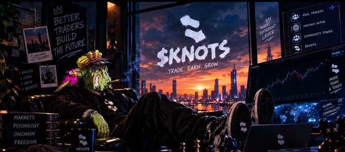 A promotional banner for the "$KNOTS" token displays the tagline "TRADE. EARN. GROW." against a sunset cityscape, with sidebars listing features like "MARKETS," "PSYCHOLOGY," "ONCHAIN ALPHA," "REAL TRADERS," and "COMMUNITY POWER," alongside the slogans "MY BETTER TRADERS BUILD THE FUTURE" and "MAKE FAILED A TOKEN," tying directly to the post's breakdown of the $KNOTS memecoin's market cap, volume, and underlying mechanics.
