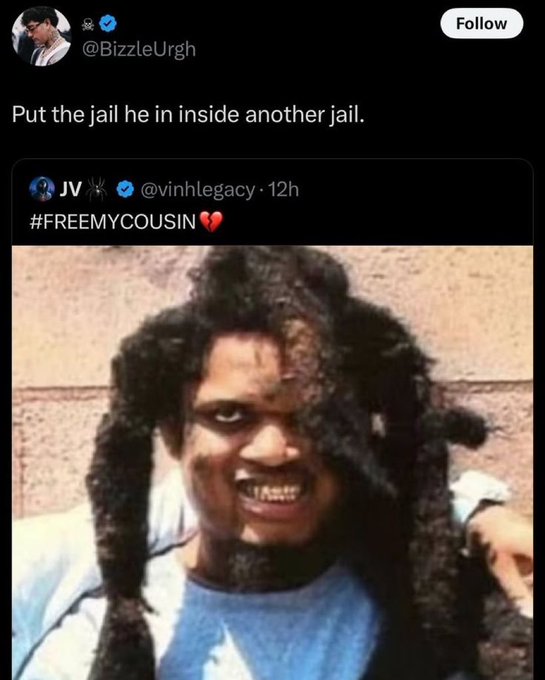 A screenshot of a tweet by @BizzleUrgh reading "Put the jail he in inside another jail." quoting a post by @vinhlegacy with the hashtag "#FREEMYCOUSIN" above a photo of a smiling man with dreadlocks.