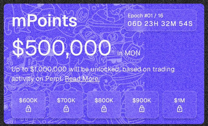 The image shows a purple reward dashboard for Perpl's "mPoints" campaign, displaying $500,000 in MON tokens with a countdown timer (Epoch #01/16, 06D 23H 32M 54S remaining) and tiered unlock milestones at $600K, $700K, $800K, $900K, and $1M. The accompanying post promotes the launch of this trading campaign, inviting users to participate via the provided referral link to earn extra 5% bonus Season points.