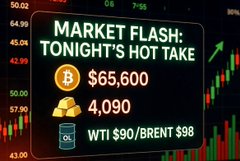 A digital market display screen showing 'MARKET FLASH: TONIGHT'S HOT TAKE' with Bitcoin at $65,600, Gold at 4,090, and WTI $90/BRENT $98 alongside candlestick price charts.