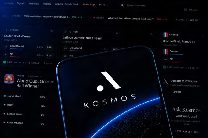 A smartphone displaying the 'KOSMOS' logo is overlaid on a prediction market interface showing markets like 'Golden Boot Winner' (Lionel Messi 59%, No 41%) and 'LeBron James' Next Team' (LA Lakers 54%, Cleveland 34%).