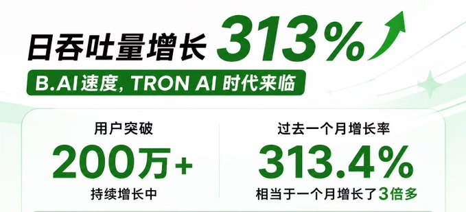 Chinese promotional graphic stating '日吞吐增长 313%' (Daily throughput growth 313%), highlighting over 2 million users and a 313.4% growth rate over the past month.