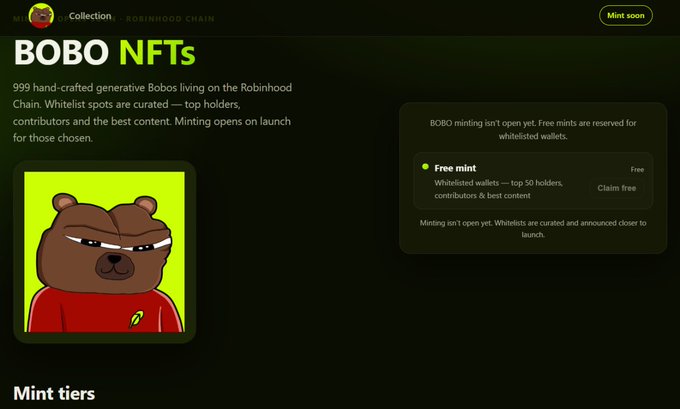 A website screenshot for 'BOBO NFTs' on Robinhood Chain, featuring a cartoon bear in a red shirt, describing 999 hand-crafted generative Bobos with whitelisted mint slots for top holders and contributors.