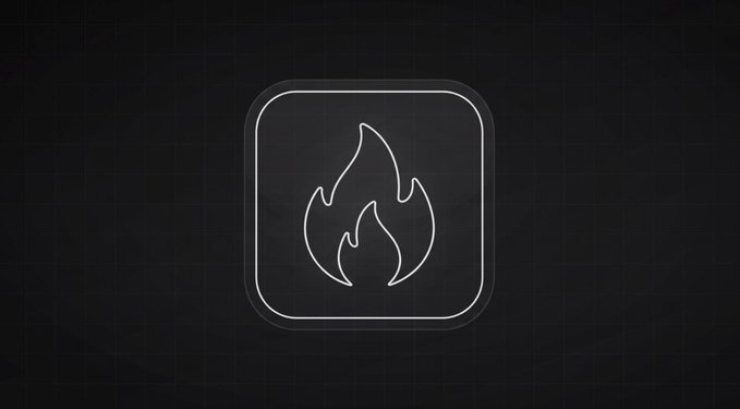 A minimalist neon-style icon of a flame inside a rounded square is displayed on a dark gridded background.