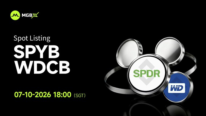 MGBX spot listing announcement graphic featuring the SPYB and WDCB tickers alongside SPYDR and WD logos, with trading opening on 07-10-2026 at 18:00 (SGT). The image visually promotes the new spot listing event mentioned in the accompanying post.