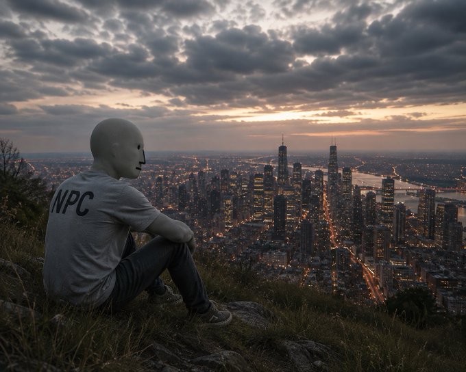 A masked figure wearing a shirt reading "NPC" sits on a grassy hillside overlooking a sprawling, illuminated cityscape at dusk, symbolizing a quiet return to the crypto market. The $NPC ticker and "alts can rip" message tie into the imagery of the NPC character resuming its watch as altcoins prepare to surge.