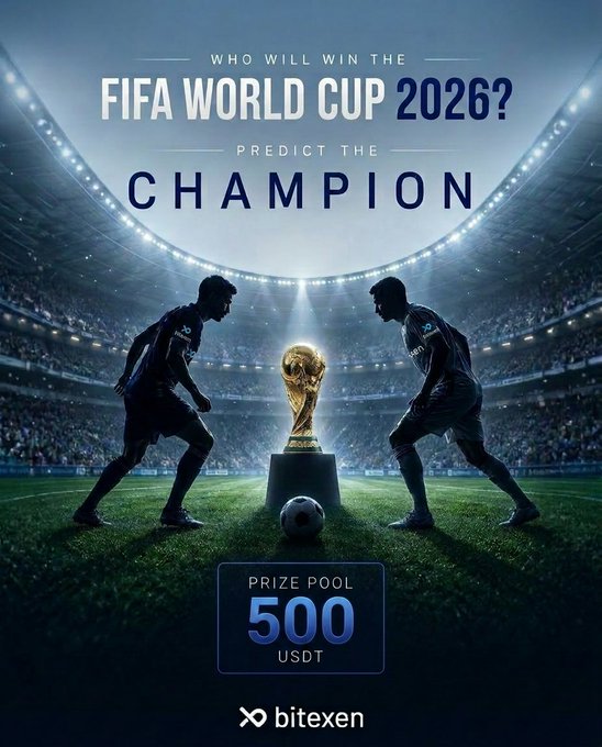 The image features two soccer players, one wearing blue and the other black, standing next to a soccer ball on a field with a stadium backdrop. The text above them reads "Who will win the FIFA World Cup 2026? Predict the champion". The poster also includes an advertisement for a prize pool of 500 US dollars that can be won by predicting the winner of the FIFA World Cup 2026.
