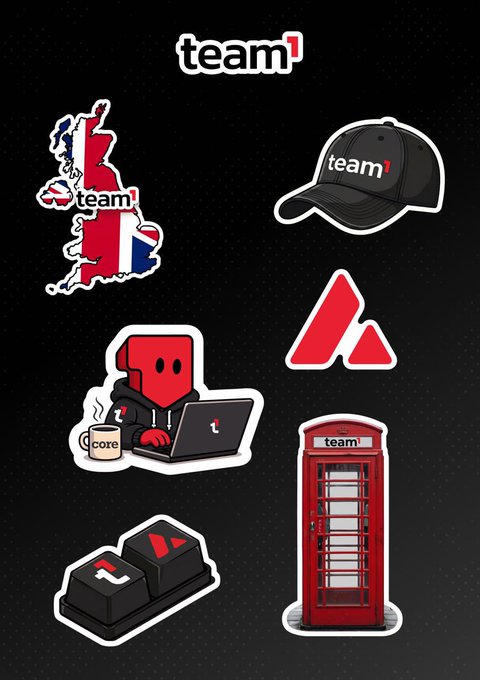 A sticker sheet featuring 'team¹' branding, including logos, a baseball cap, a red triangular symbol, a cartoon character with a laptop, and a red British telephone booth.