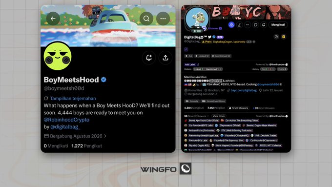 The image shows BoyMeetsHood’s Robinhood X profile with a supply of 4,444, while mint price and date remain TBA. It also shows the project’s Bengali, verified X account (36K followers) and 1,272 current followers, supporting the post’s description of it as an upcoming Robinhood NFT project to watch.