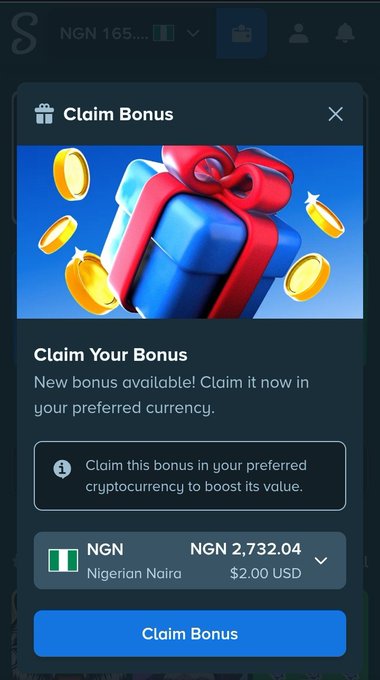 A mobile app screenshot showing a 'Claim Bonus' popup offering a bonus of 'NGN 2,732.04' (Nigerian Naira) equivalent to '$2.00 USD' with a 'Claim Bonus' button.