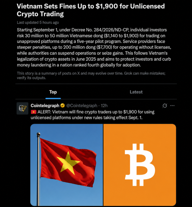 A news article headline reading 'Vietnam Sets Fines Up to $1,900 for Unlicensed Crypto Trading,' accompanied by an image showing the Vietnamese flag next to an orange Bitcoin logo.