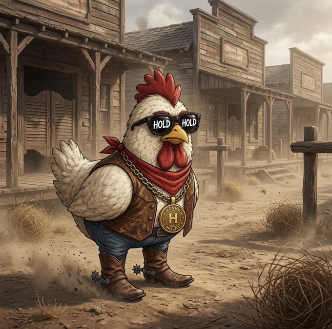 A cartoon-style illustration of a chicken dressed as a cowboy with 'HODL' sunglasses and an 'INTERNATIONAL HODLER' gold chain, standing in a dusty Wild West town setting.