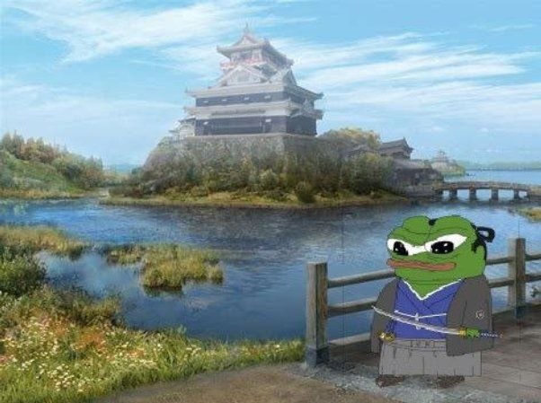 A digitally edited image showing the Pepe the Frog character dressed in traditional Japanese attire standing before a scenic landscape with a castle.