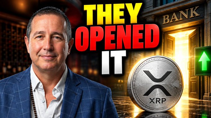 A YouTube thumbnail featuring a man in a blue blazer with text 'THEY OPENED IT' alongside an XRP coin and a 'BANK' doorway graphic with a green up arrow.