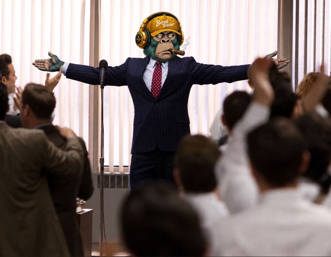 An AI-generated image of a chimpanzee wearing a navy pinstripe suit, red tie, headphones, and a "Bored Trader" yellow hat, smoking a cigar with arms outstretched before a cheering crowd.