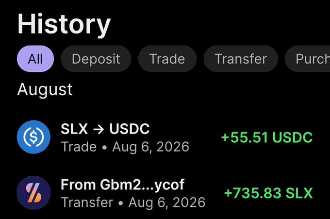 A dark-themed transaction history screen showing an 'SLX → USDC' trade of +55.51 USDC and an incoming transfer of +735.83 SLX on August 6, 2026.
