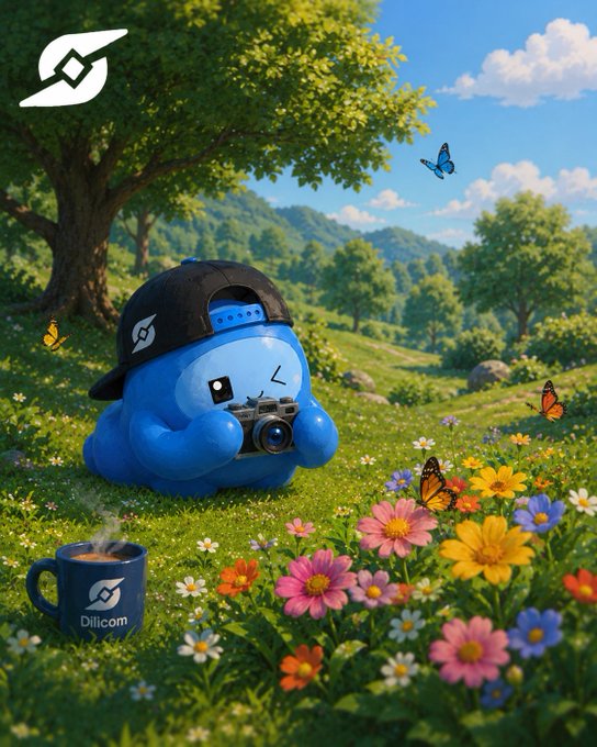 3D rendered image of a blue Dilicom character wearing a black cap and holding a camera, sitting in a vibrant flower-filled meadow with butterflies, alongside a coffee mug bearing the Dilicom logo.