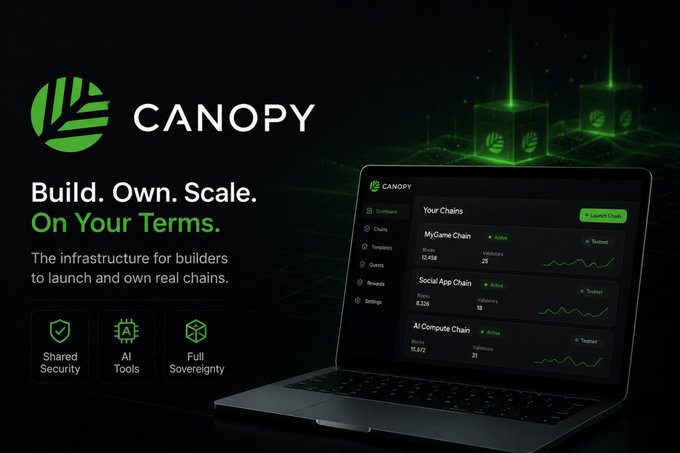 A promotional banner for Canopy with the tagline 'Build. Own. Scale. On Your Terms' highlighting Shared Security, AI Tools, and Full Sovereignty features, alongside a dashboard mockup showing chain management.