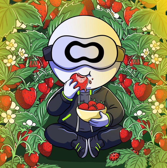 The image features a cartoon character wearing glasses and holding a bowl filled with strawberries while sitting among green plants. The scene also includes a ladybug, which adds an element of nature to the composition. The background consists of various flowers and leaves, creating a vibrant and colorful atmosphere that complements the overall theme of the post.