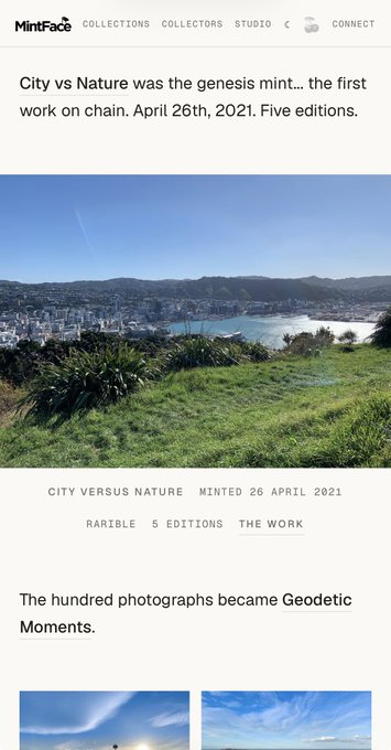 A MintFace NFT webpage showing 'City vs Nature' as the genesis mint, the first work on chain, dated April 26th, 2021, with five editions, featuring a landscape photo of a city by water.