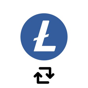 A logo featuring a white stylized 'L' (the Litecoin symbol) inside a blue circle, with a black exchange/refresh icon below it.