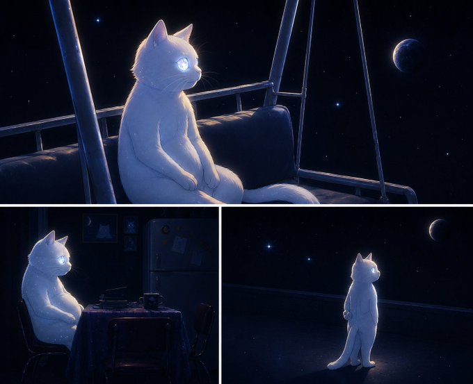 A glowing white cat with luminous blue eyes sits under a starry night sky featuring a crescent moon, depicted in multiple scenes including on a bed, at a table, and standing outside—evoking the patient, solitary anticipation referenced in the caption about waiting for an $ETH dividend from @mooncatrbh.