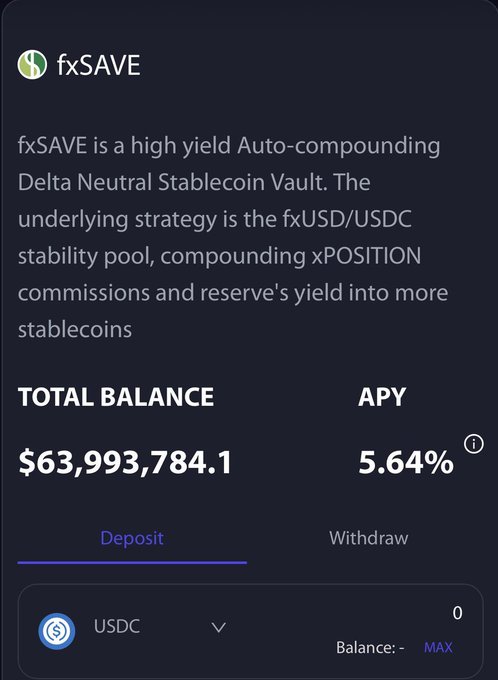 The image shows the fxSAVE vault interface, an auto-compounding delta-neutral stablecoin vault offering 5.64% APY on a total balance of $63,993,784.1, with a USDC deposit option. This aligns with the post's point about evaluating where yield actually originates—fxSAVE's return comes from the fxUSD/USDC stability pool and xPOSITION commissions rather than token subsidies.