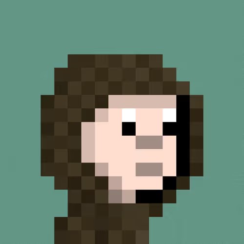 A minimalist pixel art portrait of a character with long dark hair and dark eyes set against a solid teal background.