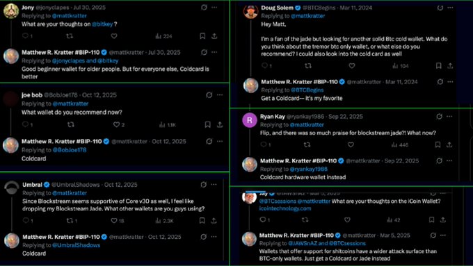 Grid of Twitter/X replies where user Matthew R. Kratter (@mattkratter) repeatedly recommends the 'Coldcard' hardware wallet to others asking about Bitcoin/crypto wallet recommendations.