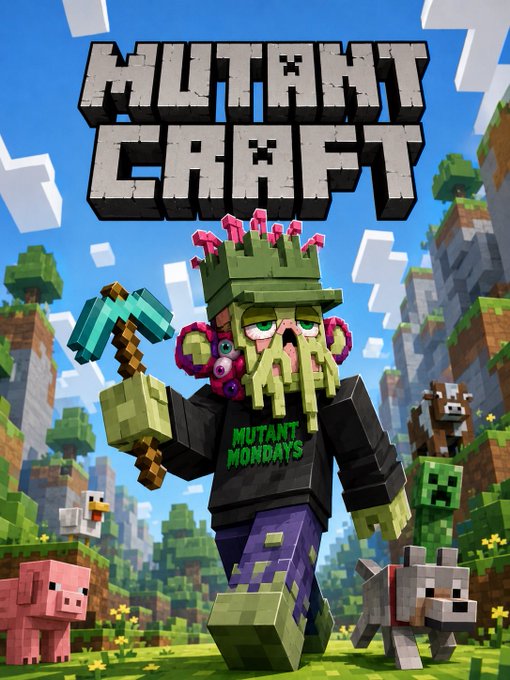 Cover art or promotional image for 'Mutant Craft' featuring a blocky, Minecraft-style zombie character with green tentacles, holding a pickaxe, surrounded by a pig, cow, dog, and chicken.