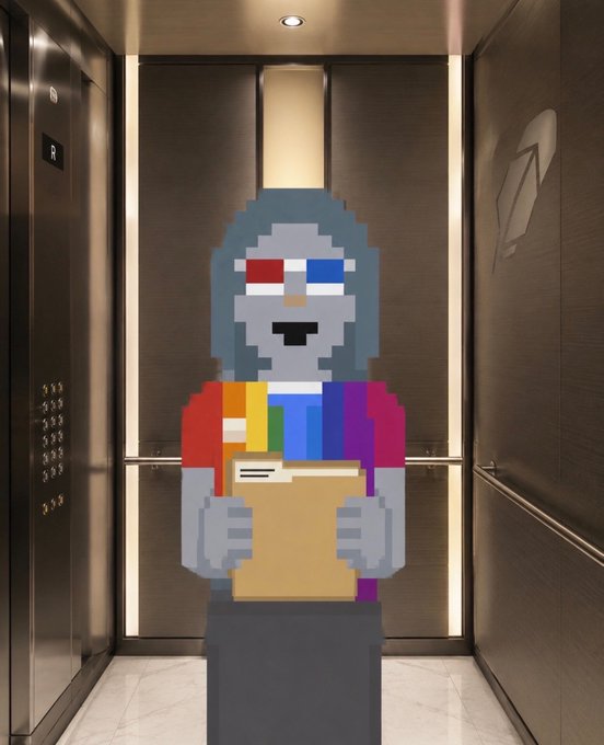 A pixel-art rendering of a blue-haired figure with red and blue glasses wearing a colorful shirt and holding a clipboard, appearing as an overlay or reflection inside a metallic elevator.