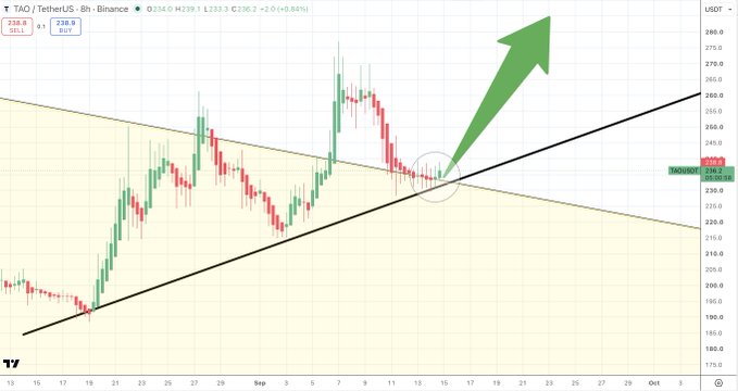 A TradingView chart of TAO/USDT (Binance) on the 8-hour timeframe shows the price currently at 239.8, testing a symmetrical triangle pattern's lower trendline around the 238 level, with a large green arrow projecting a bullish breakout toward 265-270. The caption "tick tock, tick tock" reflects the anticipation of the retest resolving in either direction, with the chart visually emphasizing the critical decision point where the upward-sloping support meets the downward-sloping resistance.