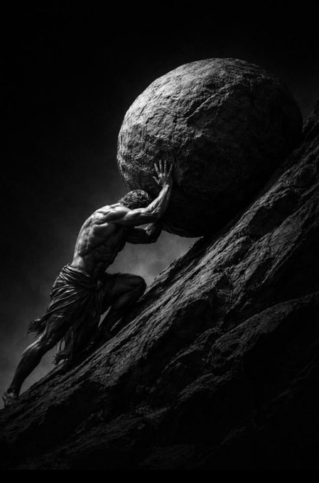A dramatic black and white illustration of a muscular man pushing a massive boulder up a steep rocky incline, reminiscent of the myth of Sisyphus.