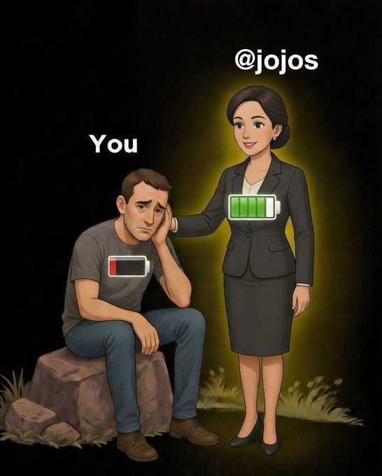 An illustrated meme showing a sad man with a low-battery icon labeled 'You' sitting on a rock, being comforted by a smiling woman with a full-battery icon labeled '@jojos'.