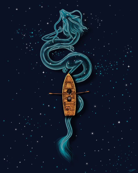 A whimsical illustration of a mermaid with flowing teal hair and tail floating above a small wooden rowboat in a starry night sky.