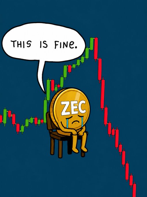 !!!IMAGE!!! A sad, anthropomorphized gold coin with a crying face sits on an office chair in a cartoon-like style drawing. Below, there's a speech bubble that reads "This is fine.", which adds humor to the seriousness of the topic. The image also contains text elements referencing current events or a market downturn.