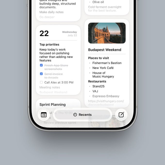 An iPhone home screen mockup showcasing a productivity app interface with widgets for daily tasks, a 'Budapest Weekend' itinerary, and a 'Sprint Planning' agenda.