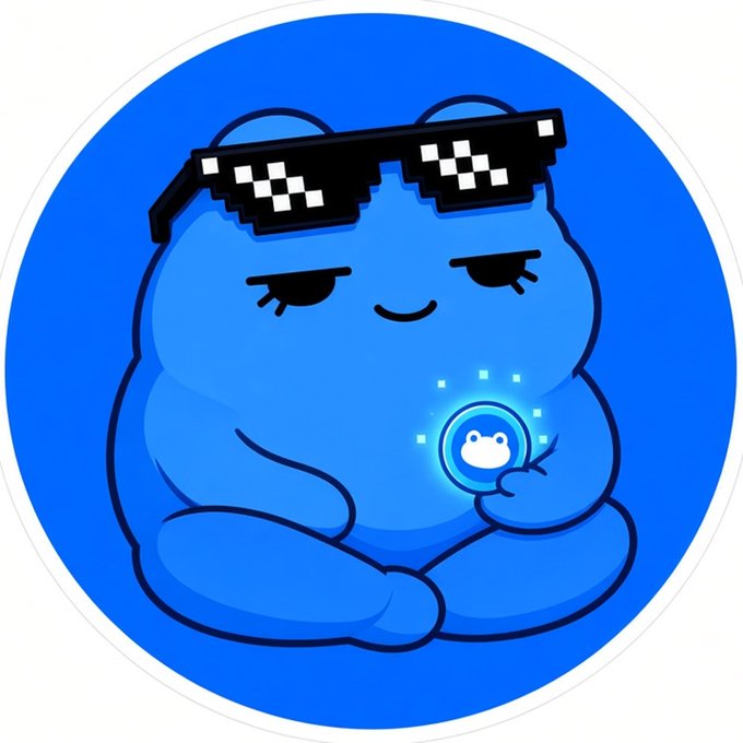 A blue cartoon character wearing pixelated 'deal with it' sunglasses and holding a small glowing blue icon with a frog-like face.