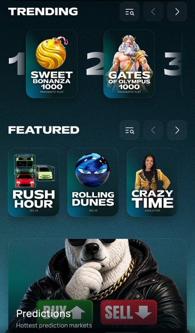 A screenshot of a gaming/betting app showing 'TRENDING' games including 'SWEET BONANZA 1000' and 'GATES OF OLYMPUS 1000', 'FEATURED' games 'RUSH HOUR', 'ROLLING DUNES', and 'CRAZY TIME', with 'Predictions' and 'SELL' buttons below a polar bear mascot.