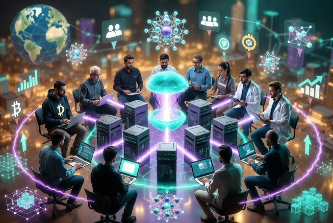 The image features a group of people sitting around a table, with each person using their laptop computer. The scene takes place in an office setting, where several individuals are engaged in various tasks related to technology and computing. The laptops are open on the table, indicating that they might be working together or discussing ideas. The overall atmosphere suggests collaboration and teamwork among these tech enthusiasts as they contribute to the growth of the Worldwide Quantum Computer project.