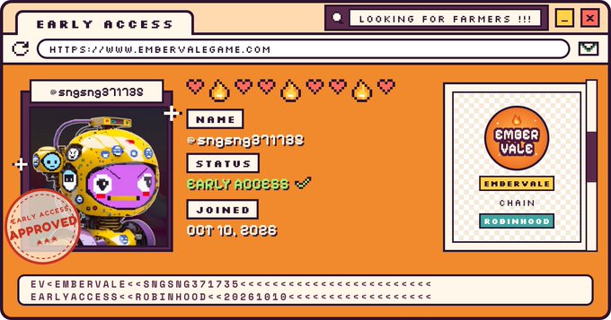 A pixel-art style profile card for the game Embervale, showing username 'sngsng371138' with 'EARLY ACCESS' status and an 'EARLY ACCESS APPROVED' stamp dated Oct 10, 2026.
