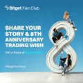 A promotional graphic for 'Bitget Fan Club' featuring a large silver '8' and text reading 'SHARE YOUR STORY & 8TH ANNIVERSARY TRADING WISH' with hashtags #Bitget and #BGB.