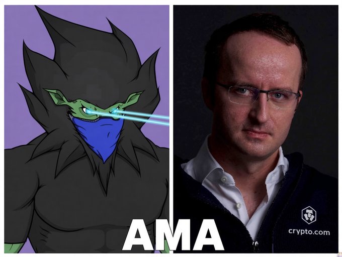 A split image shows a muscular anthropomorphic character with glowing blue eyes on the left and a man wearing glasses on the right, with the text 'AMA' and 'crypto.com' displayed below.