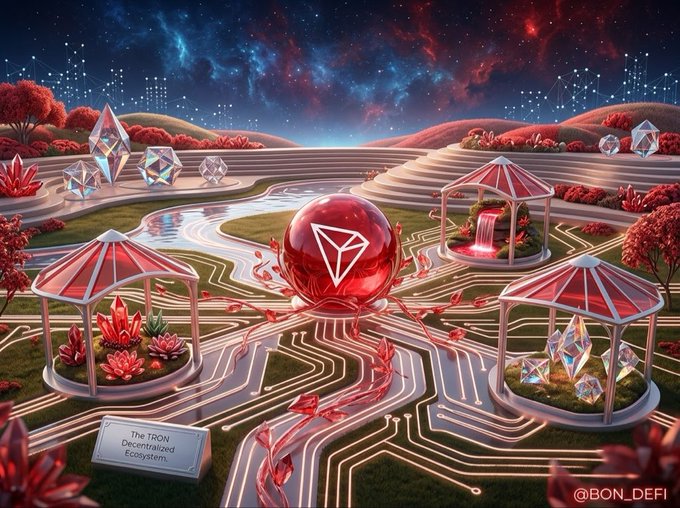 A digital artwork depicting 'The TRON Decentralized Ecosystem' featuring a red globe with the TRON logo surrounded by pavilions, crystals, and circuit-like pathways under a starry sky, with '@BON_DEFI' in the corner.