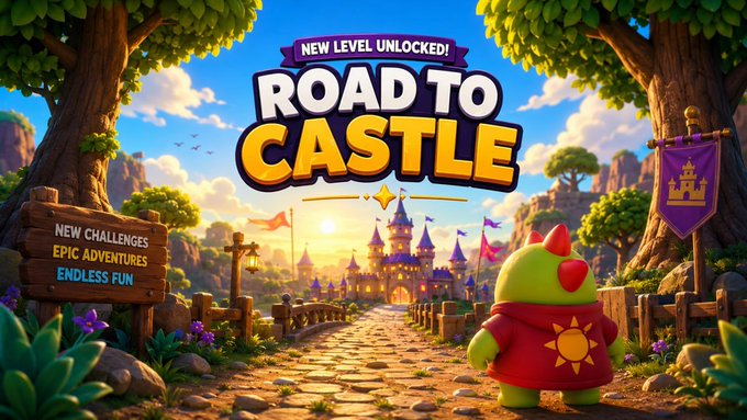 A promotional banner for a mobile game titled 'ROAD TO CASTLE' featuring a green dragon character in a red shirt with a sun emblem, set against a fantasy landscape with a castle in the background. A wooden sign reads 'NEW CHALLENGES EPIC ADVENTURES ENDLESS FUN' with a banner above stating 'NEW LEVEL UNLOCKED!'.