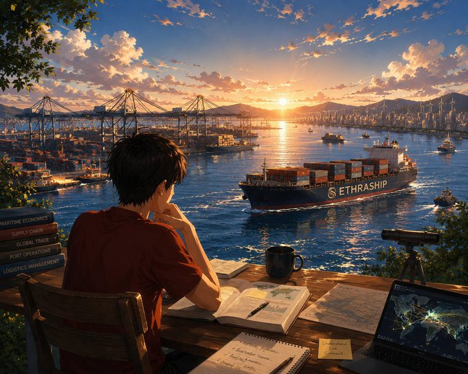 An anime-style illustration of a person at a wooden desk overlooking a harbor with a container ship labeled 'SETHRASHIP' at sunset, with menus showing 'MARITIME ECONOMICS', 'SUPPLY CHAIN', and 'GLOBAL TRADE'.