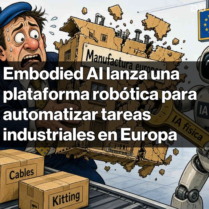 A cartoon illustration shows a shocked worker watching a robotic arm labeled 'IA física' demolish a 'Manufactura europea' building, with text reading 'Embodied AI lanza una plataforma robótica para automatizar tareas industriales en Europa' and boxes labeled 'Cables' and 'Kitting'.