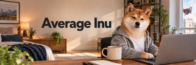 A Shiba Inu dog wearing a gray hoodie sits at a desk using a laptop in a sunlit bedroom, with the text "Average Inu" displayed prominently.