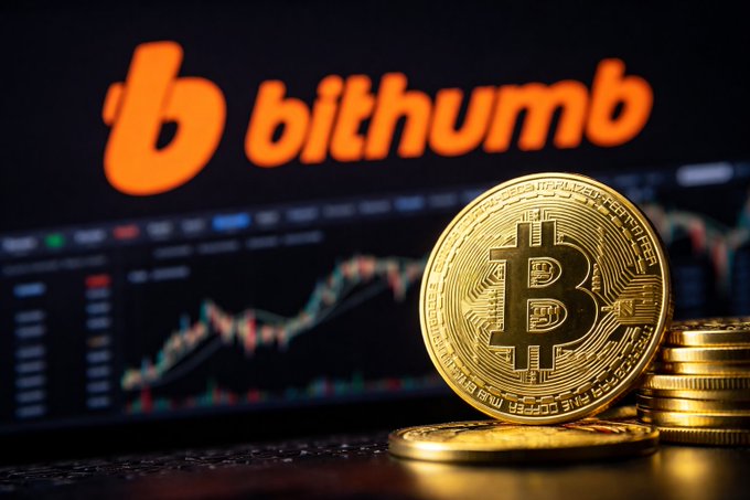 A close-up of a gold Bitcoin coin in front of a blurred background showing the orange 'bithumb' logo and cryptocurrency trading charts.