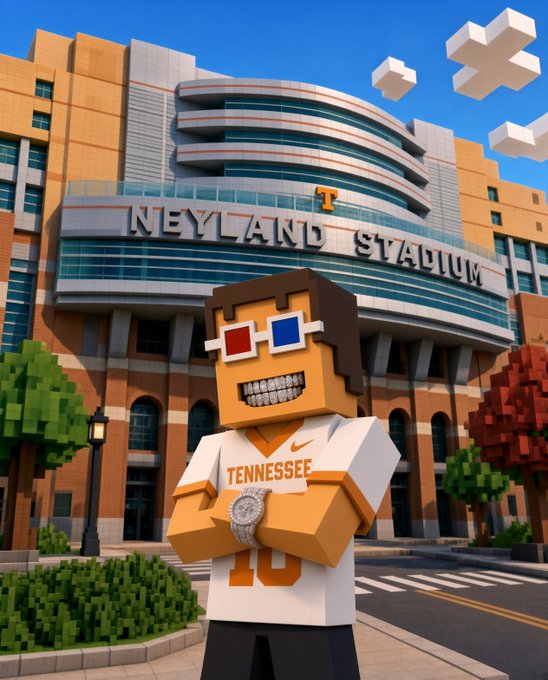 A 3D rendered Minecraft-style character wearing a Tennessee jersey (#10) and pixelated 3D glasses, standing in front of Neyland Stadium at the University of Tennessee.